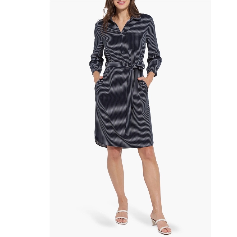Lysse New York Pinstripe Shirt Dress Gray White Belted Stretch Midi Dress Size S